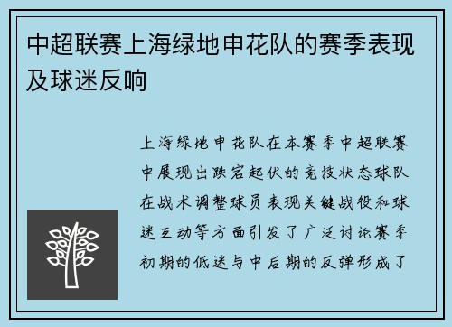 中超联赛上海绿地申花队的赛季表现及球迷反响