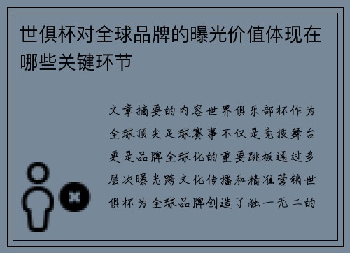 世俱杯对全球品牌的曝光价值体现在哪些关键环节